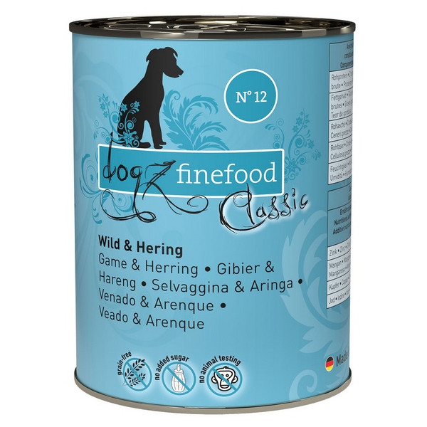 Dogz Finefood Classic N.12 Dziczyzna i śledź puszka 400g