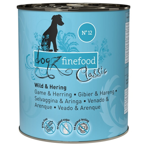 Dogz Finefood Classic N.12 Dziczyzna i śledź puszka 800g