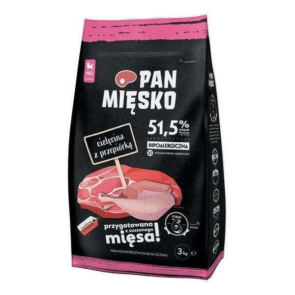 Pan Mięsko Karma sucha dla szczeniąt - cielęcina i przepiórka chrupki XS 3kg