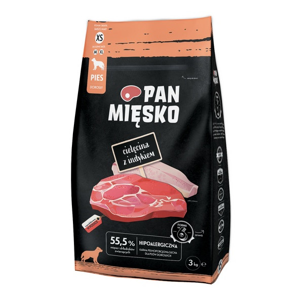 Pan Mięsko Karma sucha dla psa - cielęcina i indyk chrupki XS 3kg